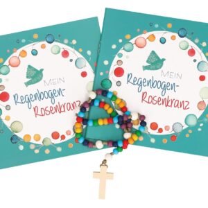 Kinder Rosenkranz-Geschenkset: Rosenkranz mit bunten Holzperlen (33,5 cm) & Holzkreuz, inkl. 26-seitigem Begleitheft mit farbigen Illustrationen – liebevolles Erstkommunion-Geschenk - Image 1