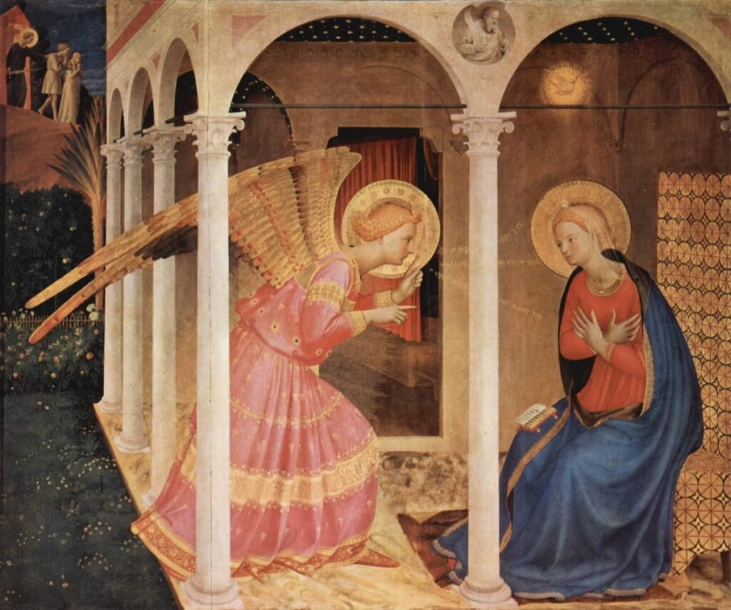 Gemälde: Der Engel Gabriel verneigt sich vor Maria in einer Säulenhalle
