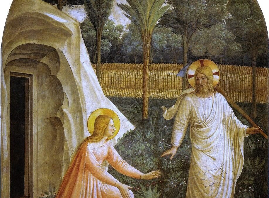 Fresko: Maria kniet im Garten vor dem auferstandenen Christus in weißem Gewand