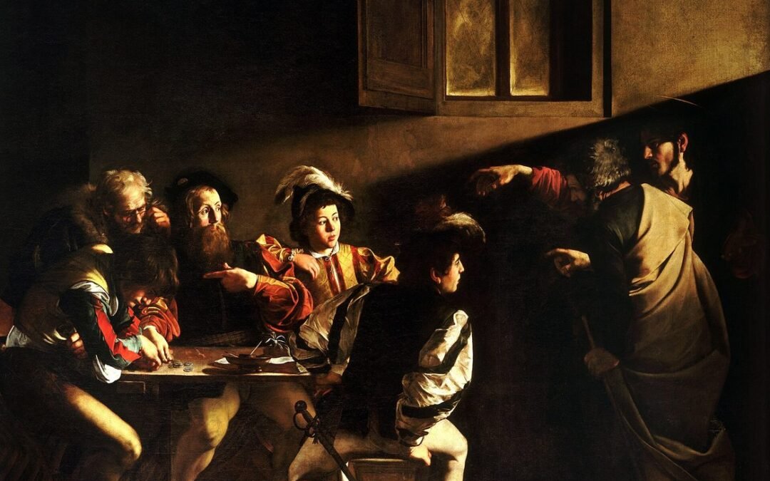 Gemälde: Männer an einem Zolltisch, von rechts zeigt Jesus auf Matthäus