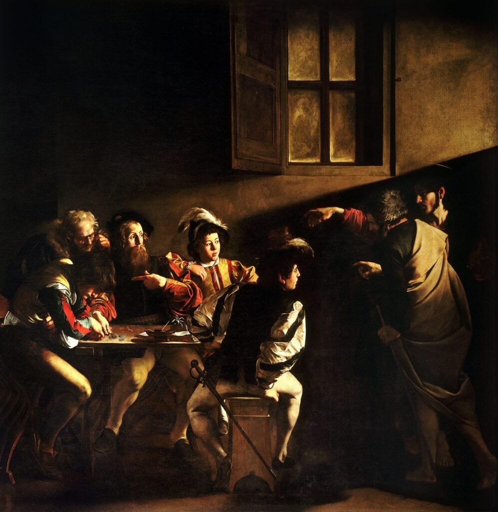 Gemälde: Männer an einem Zolltisch, von rechts zeigt Jesus auf Matthäus
