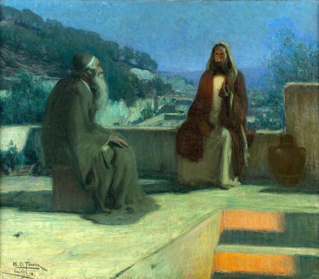 Gemälde: Jesus und Nikodemus sitzen nachts auf einem flachen Dach