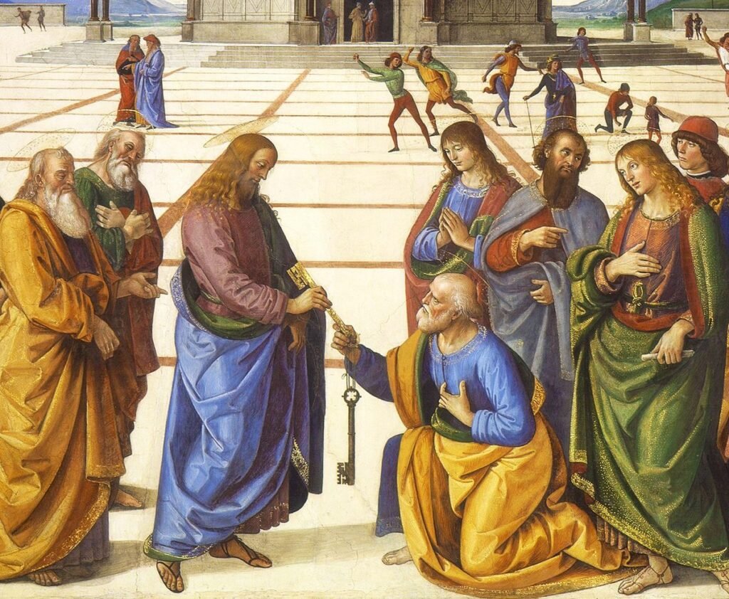 Fresko: Christus reicht dem knienden Petrus die Schlüssel, um sie stehen die Apostel