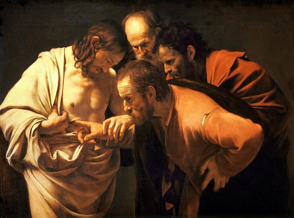 Gemälde: Jesus führt die Hand des Thomas an seine Seite, zwei Apostel schauen zu